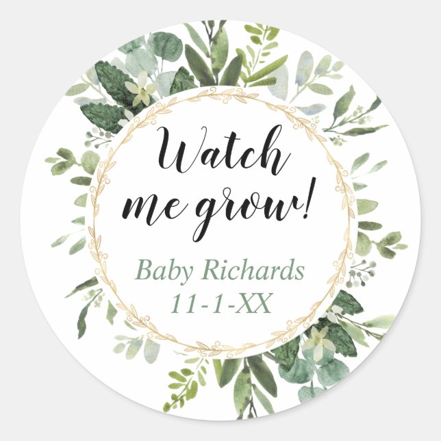 Sticker Rond Regardez-moi cultiver baby shower d'eucalyptus or  (Devant)