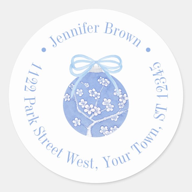 Sticker Rond Regency Blue Christmas Bauble Bow Adresse de retou (Devant)