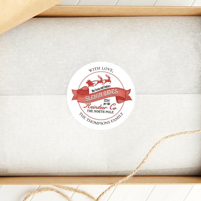 Sticker Rond Reindee rétro Noël Rouge Custom (Christmas gift label with vintage Santa Claus design. )