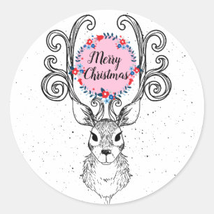 Sticker Rond Reindeer Antlers Et Floral Wreath Holiday
