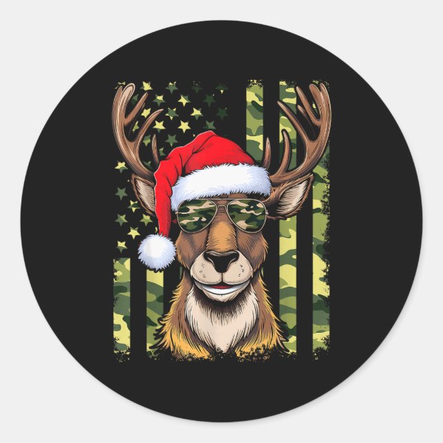 Sticker Rond Reindeer Camo American Flag Christmas Pajama X-mas (Devant)