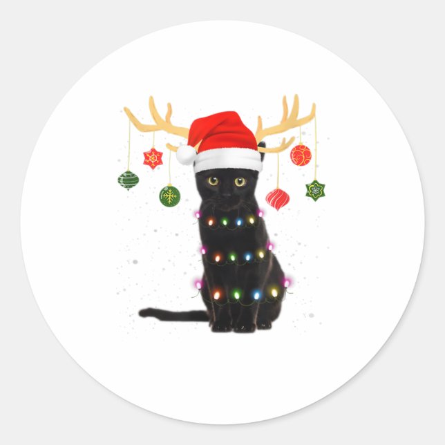 Sticker Rond Reindeer Chat noir Santa Hat Noël L (Devant)