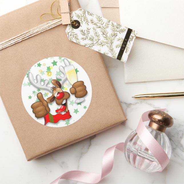 Sticker Rond Reindeer Drunk Funny Caractère de Noël (Cadeaux)