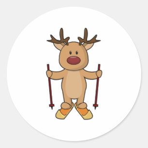 Sticker Rond Reindeer en ski avec des pôles de ski et de ski