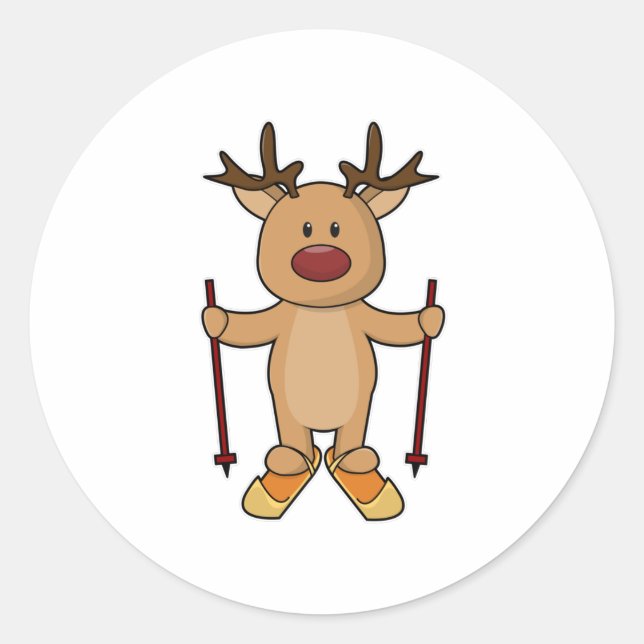 Sticker Rond Reindeer en ski avec des pôles de ski et de ski (Devant)