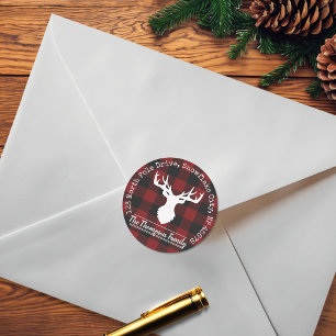 Sticker Rond Reindeer Red Buffalo Plaid Adresse de retour Étiqu