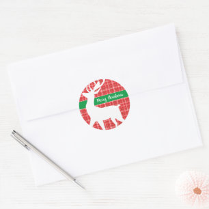 Sticker Rond Reindeer Red Plaid Twill Motif Joyeux Noël