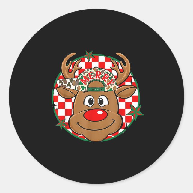 Sticker Rond Reindeer Rudolph Merry Christmas Xmas Holiday Boys (Devant)