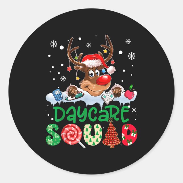 Sticker Rond Reindeer Santa Hat Daycare Squad Teacher Christmas (Devant)