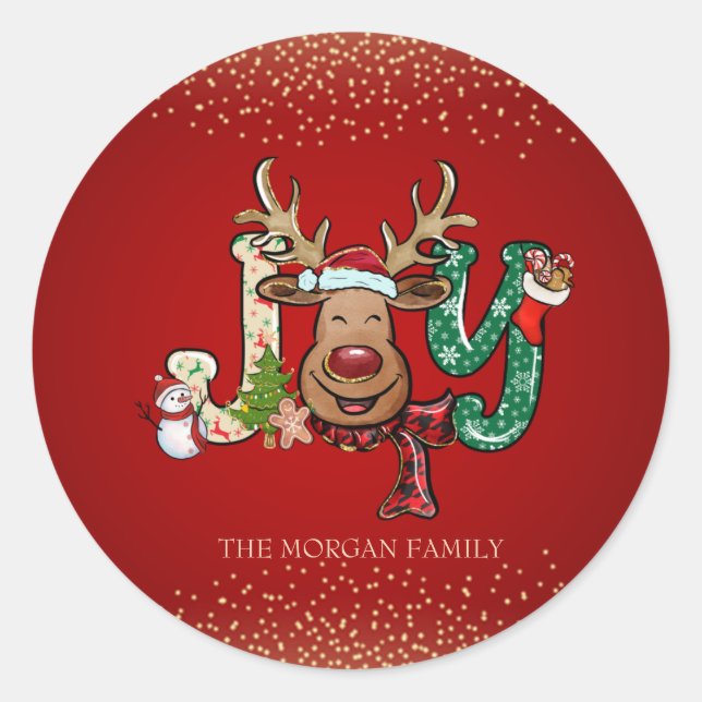 Sticker Rond Reindeer, Snowman, Confetti Red Joyeux Noël (Devant)