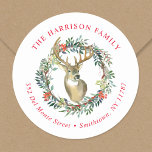 Sticker Rond Reindeer Wreath Christmas Return Adresse<br><div class="desc">Des étiquettes de adresse de Noël sur mesure abordables. Ce joli design hivernal présente une illustration de rennes dans une couronne d'aquarelle de verdure et de baies. Utilisez les outils de conception pour ajouter votre propre texte et vos photos pour créer une étiquette d'adresse de retour, un sceau d'enveloppe ou...</div>