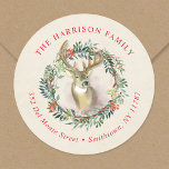 Sticker Rond Reindeer Wreath Christmas Return Adresse<br><div class="desc">Des étiquettes de adresse de Noël sur mesure abordables. Ce joli design hivernal présente une illustration de rennes dans une couronne d'aquarelle de verdure et de baies. Utilisez les outils de conception pour ajouter votre propre texte et vos photos pour créer une étiquette d'adresse de retour, un sceau d'enveloppe ou...</div>