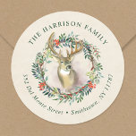 Sticker Rond Reindeer Wreath Christmas Return Adresse<br><div class="desc">Des étiquettes de adresse de Noël sur mesure abordables. Ce joli design hivernal présente une illustration de rennes dans une couronne d'aquarelle de verdure et de baies. Utilisez les outils de conception pour ajouter votre propre texte et vos photos pour créer une étiquette d'adresse de retour, un sceau d'enveloppe ou...</div>