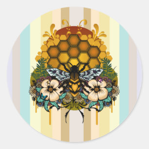 Sticker Rond Reine Abeille Fleurie Nid d'Abeille Coloré Rayé