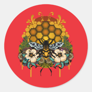 Sticker Rond Reine Abeille Nid d'Abeille Floral Gras Fond Rouge