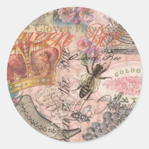 Sticker Rond Reine Abeille Vintage Beau Collage