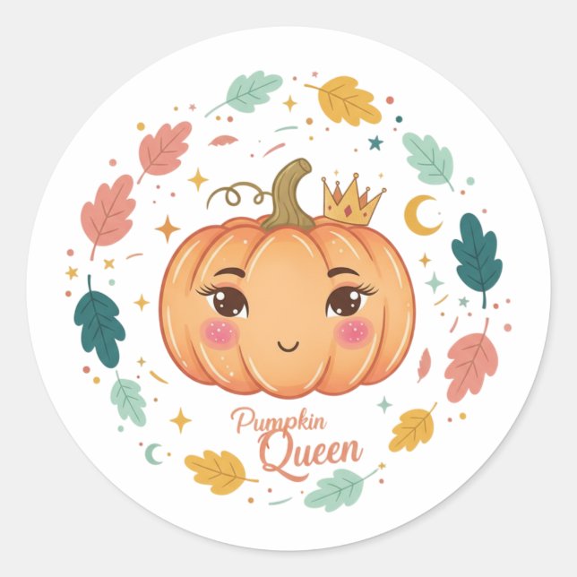 Sticker Rond Reine Citrouille 👑 | Halloween Mignon (Devant)