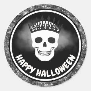 Sticker Rond Reine Crâne Blanc & Halloween Paillettes Noires