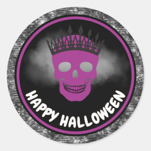 Sticker Rond Reine de crâne pourpre et Halloween à paillettes n