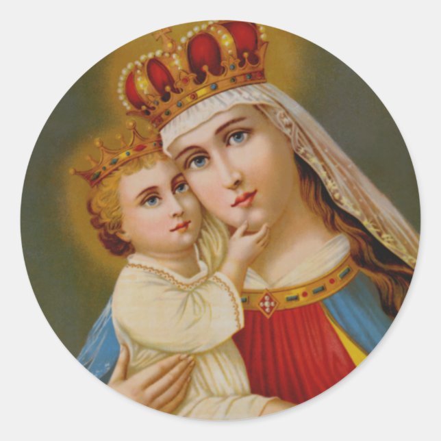 Sticker Rond Reine du Ciel Vierge Marie Bébé Jésus (Devant)