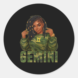 Sticker Rond Reine Gémeaux Locd Femme Noire Camo Signe du Zodia