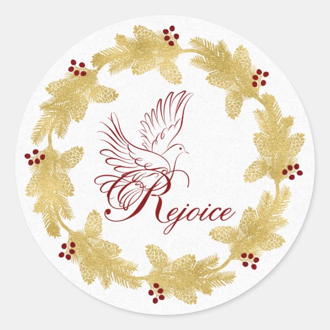 Sticker Rond Réjouissez-vous avec Dove Gold Holiday Wreath avec (Devant)