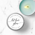 Sticker Rond Relax Script Let Love Glow Wedding Favor<br><div class="desc">Wedding favor sticker featuring the words "let love glow" in a relax cursive script in black against a white background that's great for candle favor gifts. Personalize it by replacing the placeholder text. For more options such as to change the font and it's size/color, expand /contract curve or the spacing...</div>