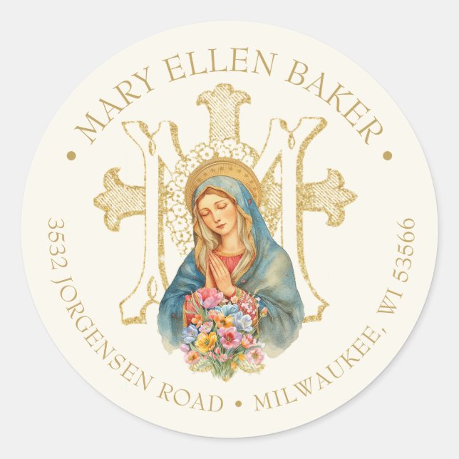 Sticker Rond Religieuse Mère Marie Gold Marian Cross (Devant)
