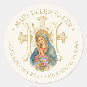 Sticker Rond Religieuse Mère Marie Gold Marian Cross