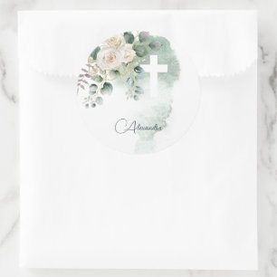 Sticker Rond Religieux Elegant Rose Green Wash Cross