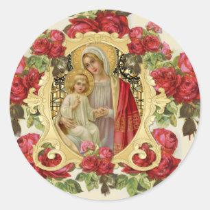 Sticker Rond Religieux Élégante Vierge Marie Jésus Roses rouges