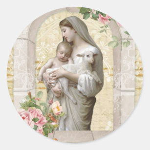 Sticker Rond Religieux floral vintage d'agneau de Vierge Marie
