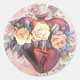 Sticker Rond Religieux Immaculé Coeur Vierge Marie Roses