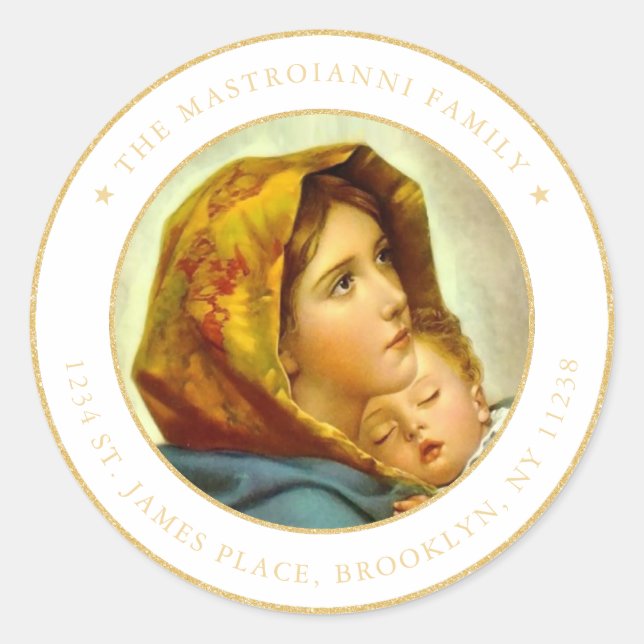 Sticker Rond Religieux Madonna & Enfant Noël Adresse de retour (Devant)