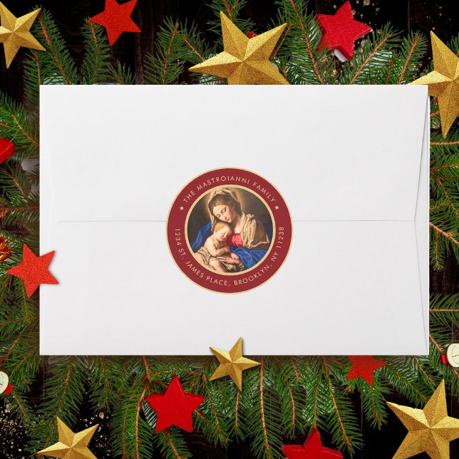 Sticker Rond Religieux Madonna & Enfant Noël Adresse de retour (Red and gold religious Christmas address label with Madonna and Child for Catholics and Christians)
