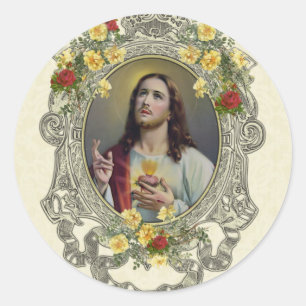 Sticker Rond Religieux Sacré Coeur Jésus Roses Vintages