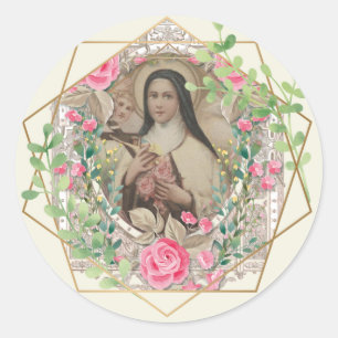 Sticker Rond Religieux St. Therese Carmelite Nun Roses Vintages