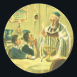 Sticker Rond Religion Vintage, Judaïsme, Allumer la Menorah<br><div class="desc">Illustration religieuse vintage de judaica représentant un rabbin allumant les bougies d'une Menorah pendant Hanukkah avec deux enfants regardant.</div>