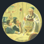 Sticker Rond Religion vintage, judaïsme, éclairage de la Menora<br><div class="desc">Illustration vintage image de judaïque religieuse montrant un rabbin allumant les bougies sur une Menorah pendant Hanoukka avec deux enfants en train de regarder.</div>