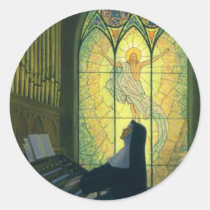Sticker Rond Religion vintage, religieuse jouant de l'orgue à l