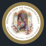 Sticker Rond Religious Virgin Mary Jesus Christmas Nativity<br><div class="desc">A beautiful vintage traditional Catholic image of the Nativity,  the  Blessed Virgin Mary with St. Joseph and the Baby Jesus with angels in adoration. All text and fonts can  be modified.</div>