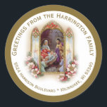 Sticker Rond Religious Virgin Mary Jesus Christmas Nativity<br><div class="desc">A beautiful vintage traditional Catholic image of the Nativity,  the  Blessed Virgin Mary with St. Joseph and the Baby Jesus with angels in adoration. All text and fonts can  be modified.</div>