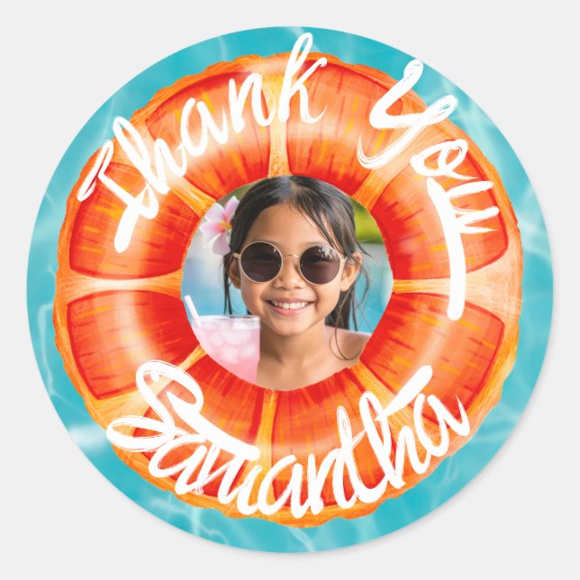Sticker Rond Remerciement Amusant pour une Fête de Piscine Oran (Devant)