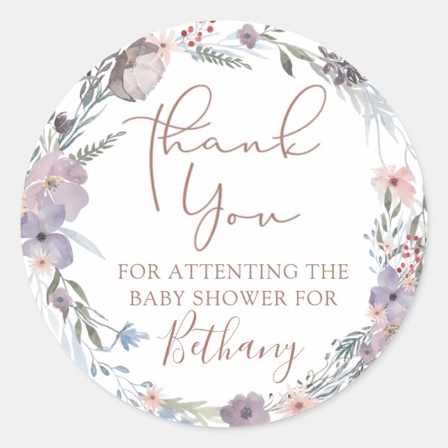 Sticker Rond Remerciement Baby Shower Fleur Aquarelle Violet (Devant)