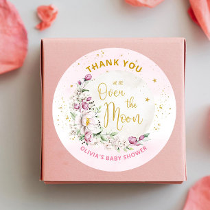 Sticker Rond Remerciement Baby Shower Fleurie Lune Rose