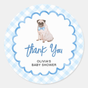 Sticker Rond Remerciement Baby Shower Gingham Bleu Chien