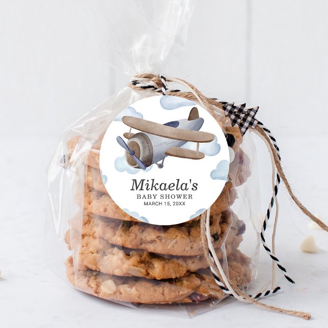 Sticker Rond Remerciement Baby Shower Vintage Avion Bleu (Créateur téléchargé)