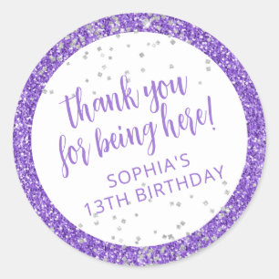 Sticker Rond Remerciement Confetti Pailleté Argent Violet