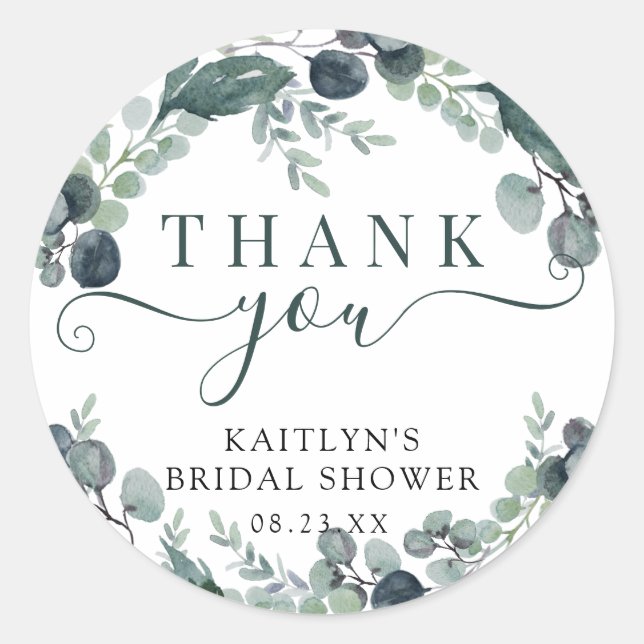 Sticker Rond Remerciement de Baby Shower au Eucalyptus Aquarell (Devant)