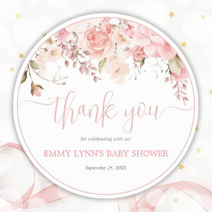 Sticker Rond Remerciement de Baby Shower Écriture Rose Pâle